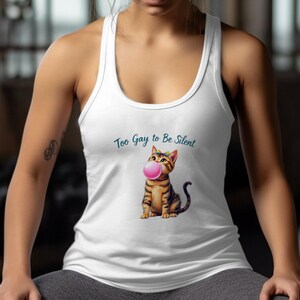 Koszulka Pride Tank Top, prezent dumy, Too Gay to Be Silent Cat, LGBTQIA+ Tank Top, Słodka sztuka Pride Cat, Cartoon Cat Tank