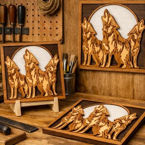 May include: Three square wooden wall art pieces featuring layered cutouts of wolves howling at a moon. Each piece displays a dark brown frame, a light circular moon background, and three distinct wolf silhouettes in varying wood tones.