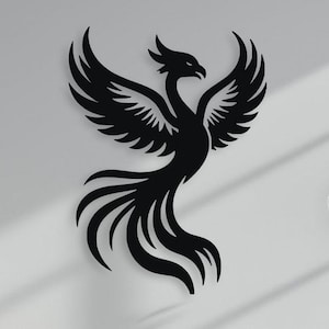 May include: A black phoenix silhouette with outstretched wings, a long tail, and intricate feather details. The image includes the text "Digital Files For Download" at the bottom, suggesting a digital art product.