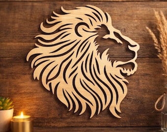 May include: A light brown wooden wall art piece featuring a laser-cut silhouette of a lion head in profile. The design showcases intricate, flowing lines that form the lion's mane and facial features, creating a detailed cutout pattern.