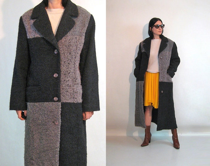 Boucle Patchwork Wool Coat Vintage 1980s Ukrainian Black n Gray Patch Nubby Wool Coat 80s Minimalist Oversized Boucle Wool Menswear Coat