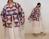 70s Reversible Quilted Patchwork Jacket Vintage 1970s Multi-colored Cotton Quilt Jacket Calico Floral Striped Crazy Quilt Jacket