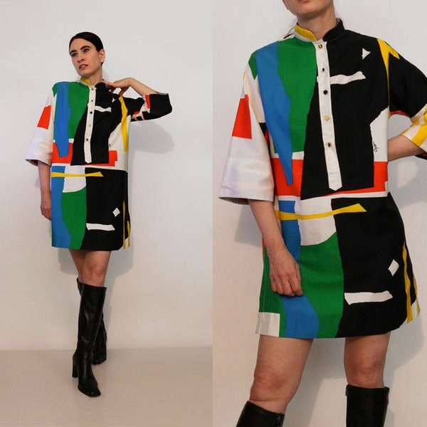 70s Catherine Ogust Abstract Colorblock Caftan / Vintage 1970s Japan Penthouse Gallery Multi-colored Abstract Shapes Cotton Mini Tent Dress