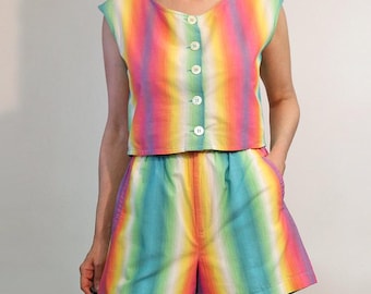 Rainbow Cotton 2 Piece Short Set, Vintage 1980s Multicolored Striped Shorts and Cropped Top , Sleeveless Crop Top & Matching Shorts