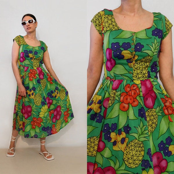 Fruit India Cotton Gauze Dress / Vintage 1980s French Emerald Green Rainbow Indian Sheer Gauze Cotton Summer Fruits Print Sun Dress /