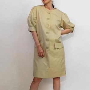 Yves Saint Laurent Puffärmel Tunika Kleid / Vintage 1980er französisches Designer YSL Hellbraunes Baumwoll Shirtwaist Zeltkleid / YSL Puffärmel Kleid