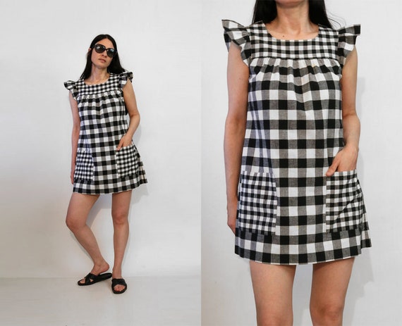 60s Gingham Cotton Ruffled Mini Dress / Vintage Bl