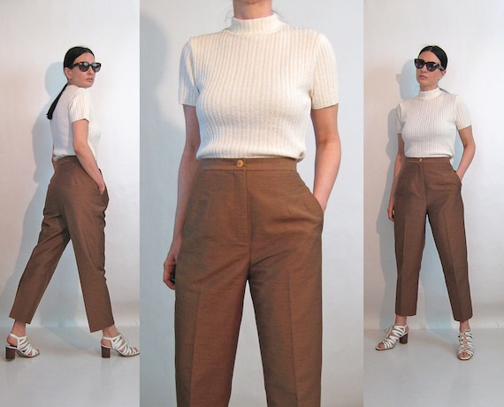 Biba Mocha Silk Trousers / Vintage 1980s Deadstock
