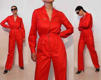 Oscar de la Renta Scarlet Zip-up Cotton Jumpsuit / Vintage 1970s 1980s Designer Oscar de la Renta for Appel Red Zipper Jumpsuit w/ Belt
