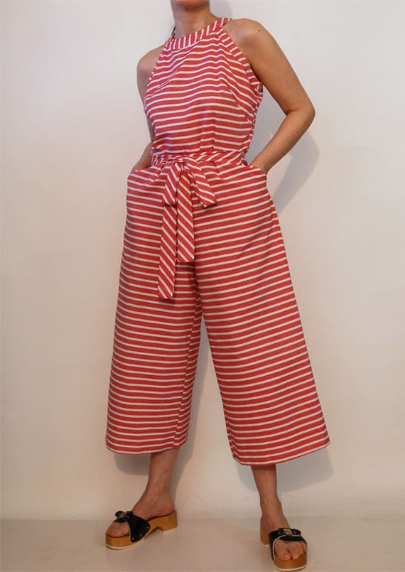 70s Striped Cotton Palazzo Jumpsuit / Vintage 197… - image 3