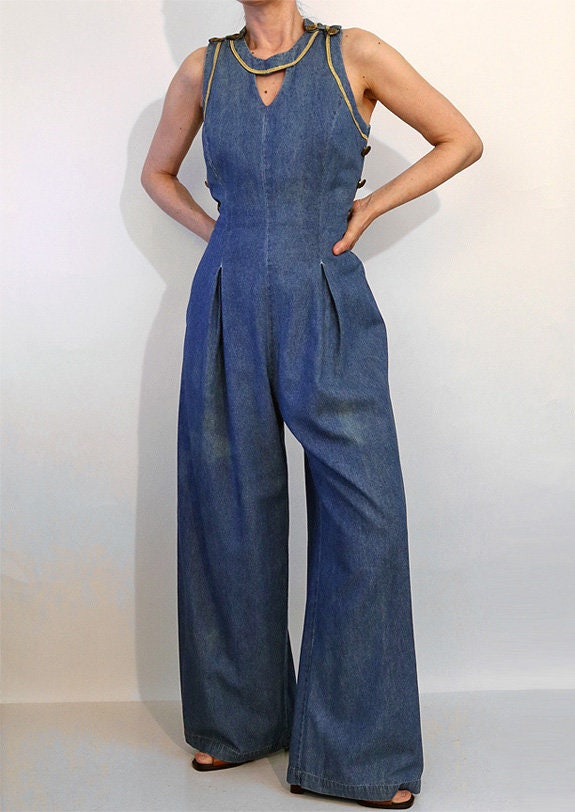 Buy Open Back Denim Jumpsuit Vintage 1990s Nautical Inspired