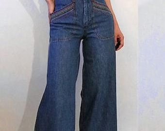 70s Rainbow Bell Bottom Jeans 26x29 / Vintage 1970s Rainbow Striped Stitched Pocket Dark Wash Flare Leg Jeans / 26 Waist Flared Jeans