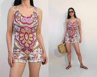 60s French Zip Swimsuit Romper / Vintage 1960s White Purple Gold Psychedelic Zip Up Swimsuit Shorts Romper / Zipper Swimming Shortalls