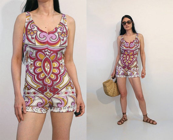60s French Paisley Zip Swimsuit Romper / Vintage 1
