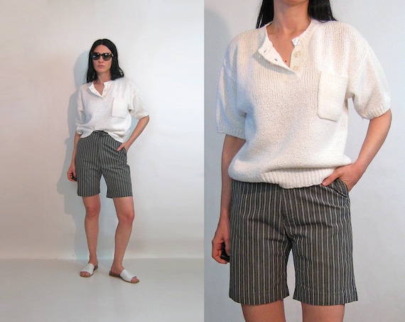White Pocket Knit Top / Vintage 1980s Oversized Wh