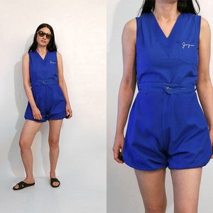 50s Cobalt Cotton Gym Romper, Vintage 1950s Cobalt Blue Sleeveless Shorts Romper, Bubble Hem Romper, 1950s Shortalls