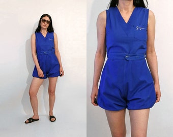 50s Cobalt Cotton Gym Romper, Vintage 1950s Cobalt Blue Sleeveless Shorts Romper, Bubble Hem Romper, 1950s Shortalls