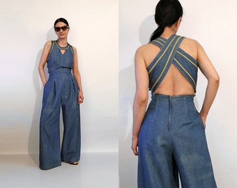 Open Back Denim Jumpsuit / Vintage 1990s Nautical Inspired Denim Palazzo Backless Jumpsuit / Criss Cross Open Back Denim Wide Leg Jumpsuit