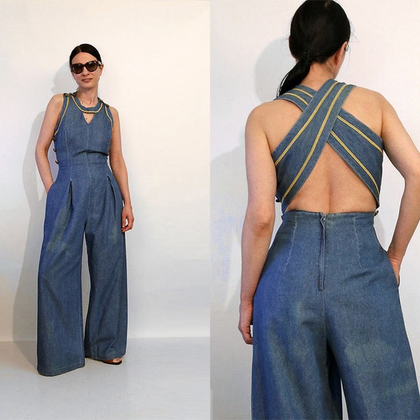 Open Back Denim Jumpsuit / Vintage 1990s Nautical Inspired Denim Palazzo Backless Jumpsuit / Criss Cross Open Back Denim Wide Leg Jumpsuit