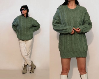 Sage Mohair Cable Knit Long Sweater or Dress / Vintage 1970s 1980s Sage Green Oversized Chunky Mohair Wool Hand Knit Sweater or Mini Dress