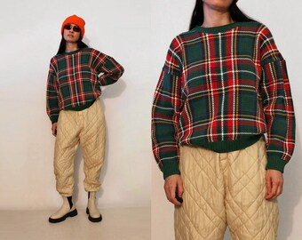 Forest Tartan Ribbed Cotton Sweater / Vintage 1980s / 80s Green Tartan Plaid Cotton Sweater