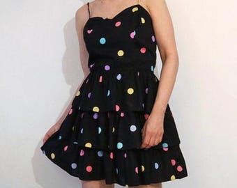 Rainbow Polka Dot Ruffled Cotton Sundress , Vintage 1980s Black Multicolored Dotted Mini Dress , Rainbow Tiered Sundress , Ruffle Dress