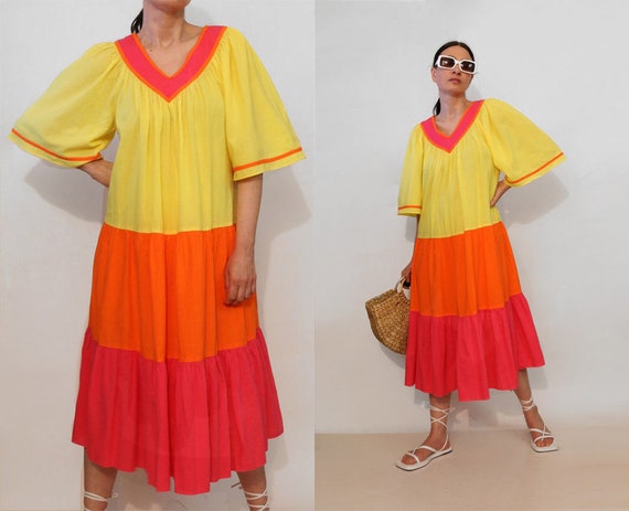 Color Block Cotton Gauze Caftan / Vintage 1970s 1… - image 1