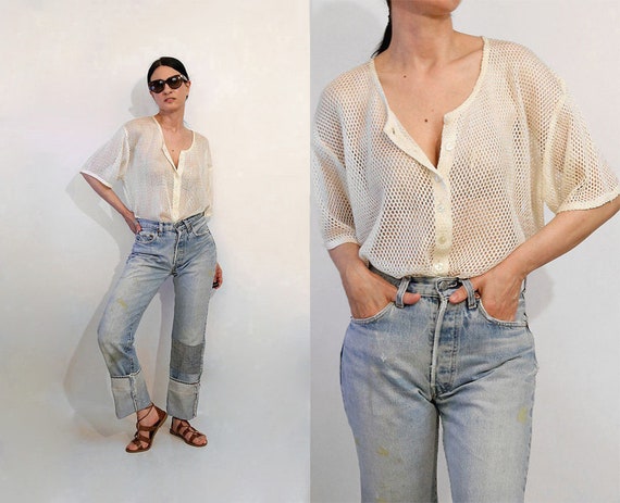 Ivory Crochet Mesh Blouse / Vintage 80s Open Weave