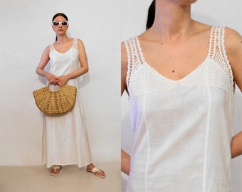 Antique Crochet Cotton Slip Dress / Vintage 1900s 1910s Antique Victorian White Cotton Gauze n Crochet Lace Sleeveless Maxi Slip Dress