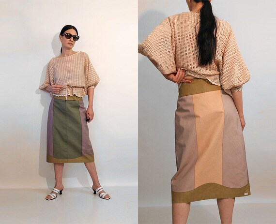 Pastel Colorblock Denim Skirt / Vintage 1980s Dust