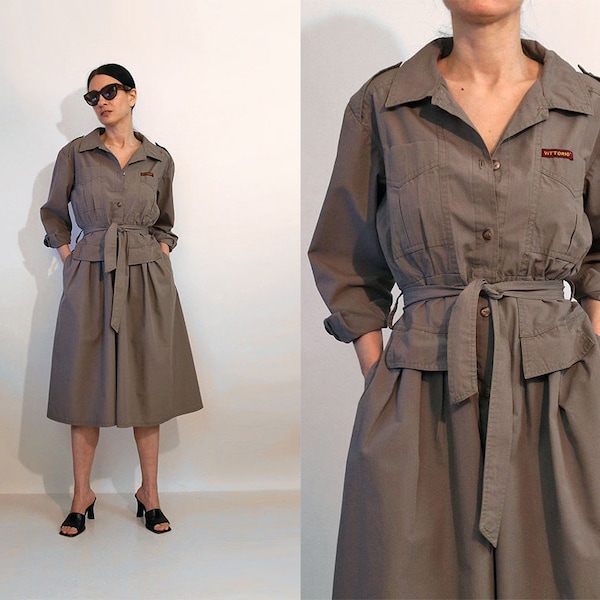 Military Inspired Khaki Cotton Shirtdress, Vintage 1980s Military Style Khaki Green Cotton Dress or Trench Coat with Matching Belt