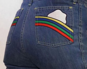70s Rainbow Embroidered Bell Bottom Jeans 28x32.5 , Vintage 1970s Rainbow & Cloud Dark Wash Flared Jeans , 28 29 Waist Rainbow Jeans