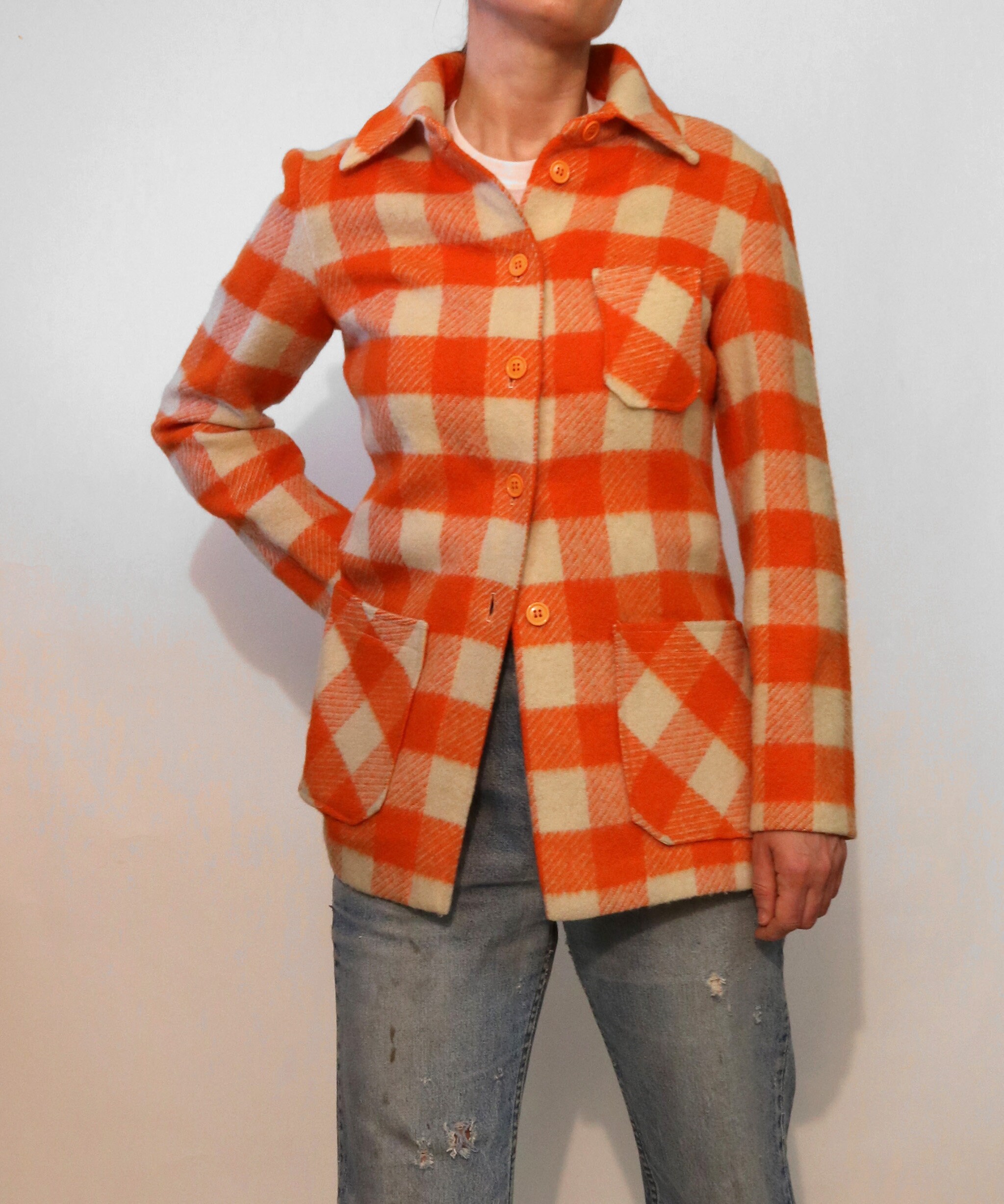 60s/70s Orange & White Check Wool Jacket / Vintage 1960s 1970s ...