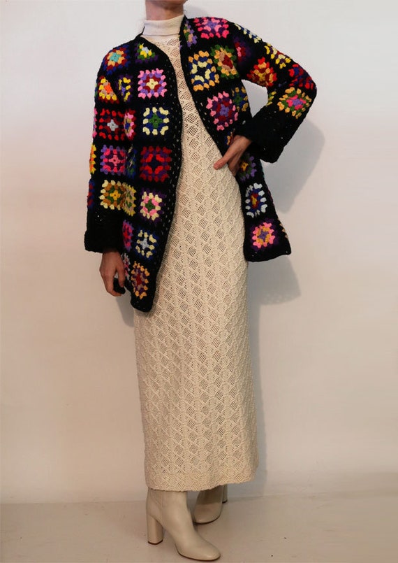 70s Rainbow Crochet Granny Square Knit Cardigan /… - image 2