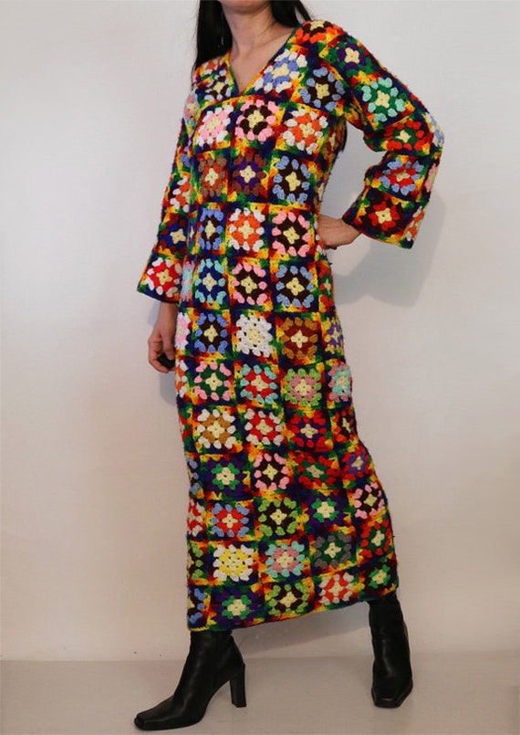 70s Rainbow Granny Square Crochet Wool Dress / Ra… - image 4