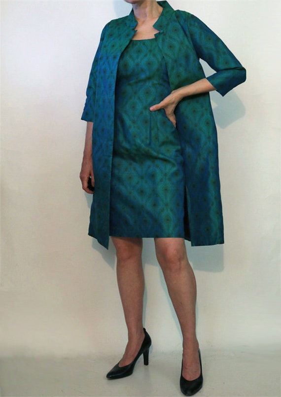 50s Jade Silk 2 Pc Dress Set, Vintage 1950s Blue … - image 6