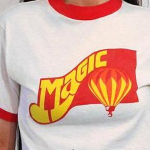 70s Magic Ringer T-shirt / Vintage 1970s White Yellow Red & Orange Magic Hot Air Balloon T Shirt / Magic Ringer Tee