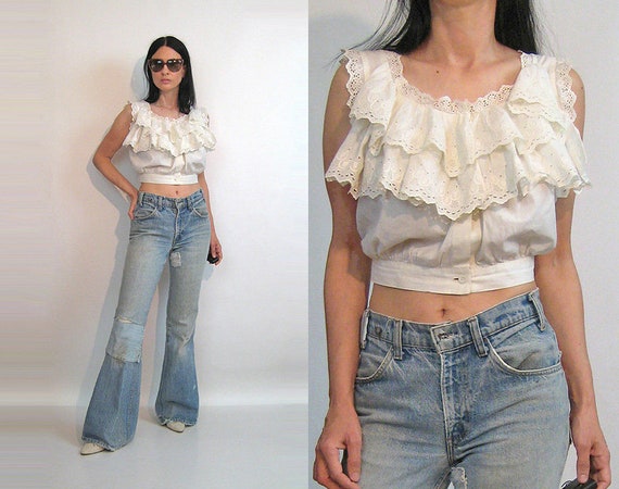 Edwardian Eyelet Lace Ruffle Top / Vintage 1890s 1