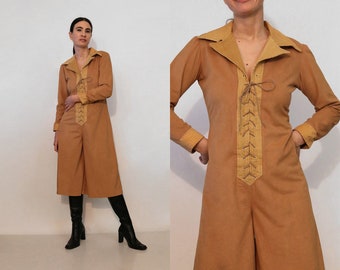 70s Camel Lace-up Palazzo Jumpsuit / Vintage 1970s Faux Suede & Corduroy Corset Front Wide Leg Cropped Jumpsuit