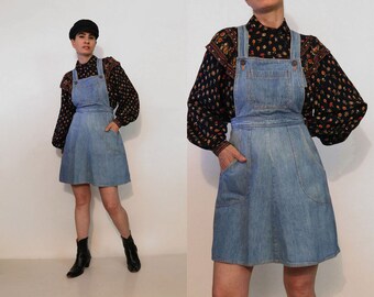 70s Faded Denim Overall Dress / Vintage 1970s