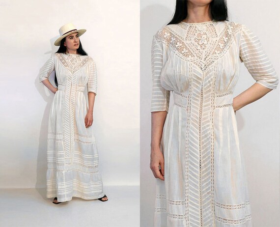Antique Crochet Cotton Gauze Dress / Vintage Edwar