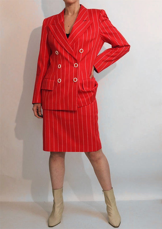 Ungaro Red and White Pinstriped Skirt Suit, Vinta… - image 7