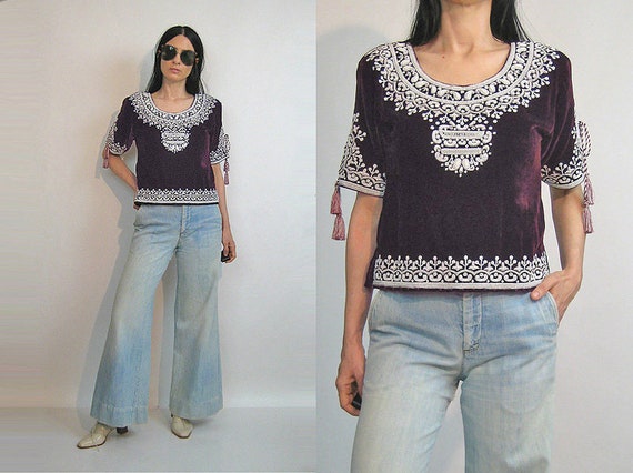 70s Beaded Velvet Top / Vintage 1970s ethnic maroo