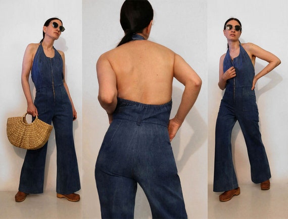 70s Zip-Up Halter Denim Jumpsuit / Rare Vintage 1… - image 1