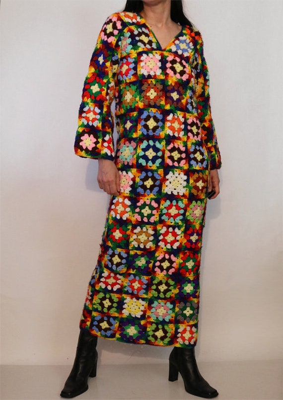 70s Rainbow Granny Square Crochet Wool Dress / Ra… - image 5