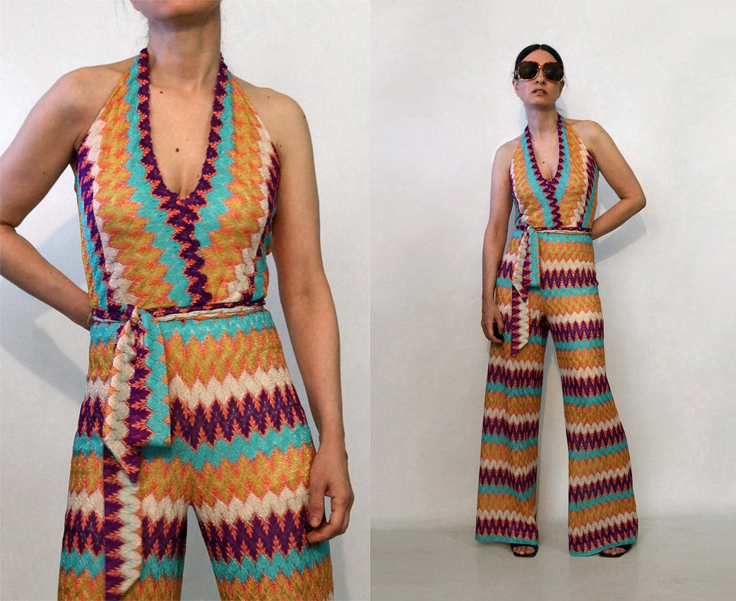 70s Missoni-esque Crochet Lace Jumpsuit / Vintage 1970s Chevron Rainbow  Crochet Lace Open Back Halter Jumpsuit