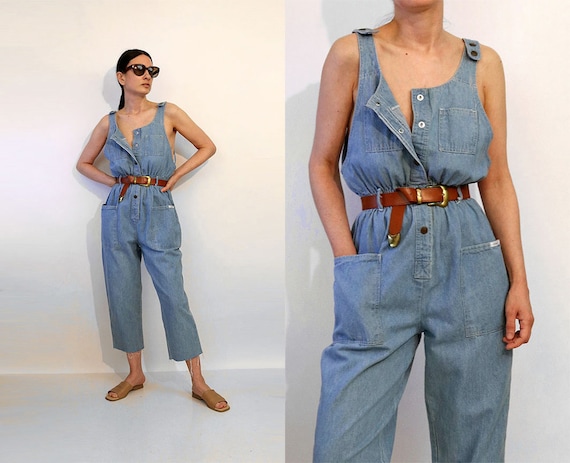 Snap Denim Sleeveless Jumpsuit / Vintage 1980s Cro