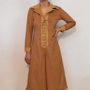 70s Camel Lace-up Palazzo Jumpsuit / Vintage 1970s Faux Suede & Corduroy Corset Front Wide Leg Cropped Jumpsuit