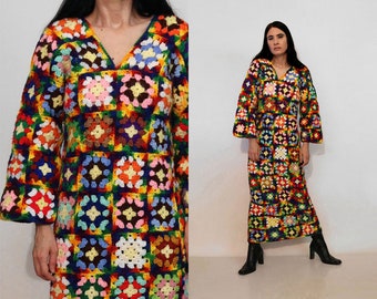 70s Rainbow Granny Square Crochet Wool Dress / Rare Ooak Vintage 1960s 1970s Multi-colored Crochet Knit Afghan Dress