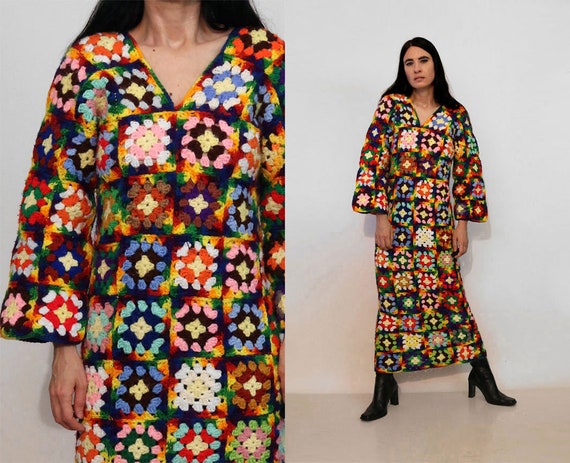 70s Rainbow Granny Square Crochet Wool Dress / Ra… - image 1